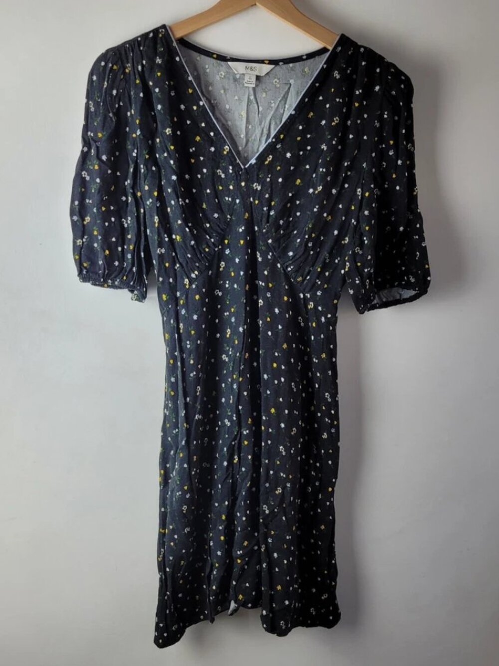 M&S Women Size 12 Black Floral Print Short Tea Dress Casual Smart Cottage Core